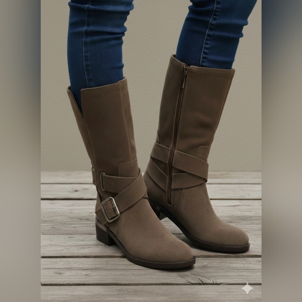Vince Camuto Women's NWOT Suede Wethima Brown Mid-Calf 2in Moto Boots Size 5M